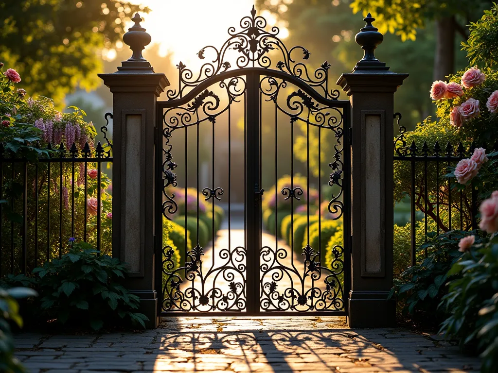 Victorian Wrought Iron Garden Gate at Sunset - A stunning wide-angle photograph of an ornate black wrought iron Victorian-style garden fence and gate, captured during golden hour. The intricate scrollwork and decorative finials cast elegant shadows across a cobblestone pathway. The fence frames a lush English garden featuring climbing roses and wisteria. The elaborate metalwork showcases detailed fleur-de-lis patterns and sweeping spiral designs characteristic of Victorian architecture. Soft, warm sunlight filters through the metalwork, creating a romantic atmosphere. Shot with a 16-35mm lens at f/2.8, ISO 400, capturing both the grand scale and fine details of the ornamental ironwork while maintaining a shallow depth of field that highlights the craftsmanship.