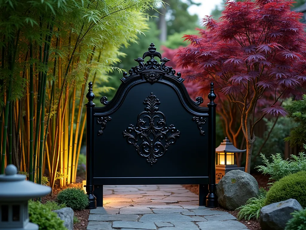 Asian Metal Headboard Garden Screen - A serene twilight garden scene featuring a black lacquered metal headboard repurposed as an elegant Asian-inspired garden screen, photographed at golden hour with a 16-35mm lens at f/2.8, ISO 400. The ornate Victorian headboard, painted in glossy black, stands 6 feet tall against a backdrop of emerald bamboo stalks and the deep burgundy leaves of Japanese maple trees. The screen is positioned at a slight angle on a stone path, creating dramatic shadows on the ground. Soft lantern lighting illuminates the scene, highlighting the intricate metalwork patterns of the headboard. Small stone pagodas and moss-covered rocks complete the peaceful Eastern garden composition. The wide-angle perspective captures the harmonious blend of Western vintage elements with traditional Japanese garden design.