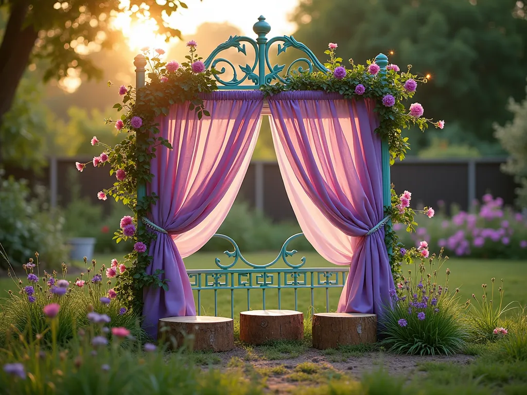 Whimsical Children's Garden Theater with Vintage Headboard - A magical garden scene at golden hour featuring a repurposed ornate Victorian metal headboard transformed into a charming outdoor puppet theater. The headboard frame is painted in a cheerful mint green, adorned with flowing sheer purple curtains that gently billow in the breeze. Climbing purple clematis and pink climbing roses gracefully wind around the metal framework, creating a natural proscenium arch. The theater sits in a cozy garden nook, surrounded by a carpet of soft grass and colorful wildflowers. Child-sized log seating is arranged in a semicircle before the theater. Twinkling solar fairy lights are woven through the metalwork, and handmade wooden puppets peek out from behind the curtains. Shot from a wide angle perspective capturing the entire theatrical setup within its garden context, with soft, warm sunlight filtering through nearby trees creating a dreamy atmosphere.