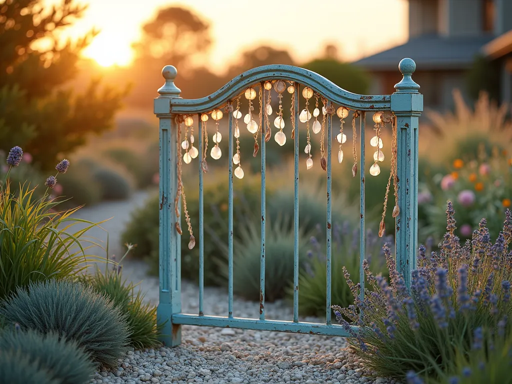 Coastal Metal Headboard Garden Feature - A vintage wrought iron headboard painted in weathered aqua blue and sandy beige tones stands elegantly in a coastal garden setting at golden hour. The headboard serves as a focal point against a backdrop of swaying ornamental grasses and flowering perennials. Delicate strings of weathered sea glass and pearlescent shells are artfully woven through the metalwork, catching the warm evening light. Coastal plants like Blue Lyme Grass, Sea Lavender, and Russian Sage create a soft, naturalistic border around the base. Beach pebbles and crushed shells form a decorative pathway leading to the feature. Shot from a low angle with a wide-angle lens, capturing the interplay of sunset light through the metalwork, with soft bokeh effect in the background. Professional DSLR photography with pristine clarity and natural lighting.