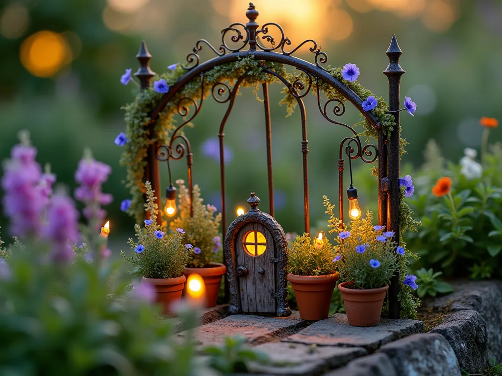 Enchanted Metal Headboard Fairy Garden - Close-up twilight photograph of a vintage wrought iron headboard repurposed as a magical fairy garden frame in a lush garden setting. The weathered metal headboard features intricate Victorian scrollwork adorned with delicate climbing moonflowers and morning glory vines. Tiny LED-lit fairy doors nestle between miniature terra cotta planters filled with dwarf lavender and thyme. Small crystal ornaments and copper wind chimes catch the last rays of golden hour light, while miniature solar lanterns begin to glow. Shot with shallow depth of field highlighting the whimsical details against a soft-focused background of cottage garden flowers. 16-35mm lens at f/2.8, ISO 400, capturing the ethereal atmosphere of dusk.