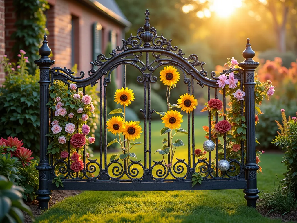 Four Seasons Metal Headboard Garden Display - A stunning antique wrought iron headboard repurposed as a garden feature, photographed at golden hour. The ornate Victorian-style headboard is divided into four distinct sections, each representing a season: spring showcases climbing roses and cherry blossoms, summer displays vibrant sunflowers and clematis, autumn features rustic copper-colored Japanese maple leaves and chrysanthemums, and winter sparkles with frosted branches and silver ornaments. Captured with a wide-angle perspective showing the headboard positioned against a rustic brick garden wall, with natural garden bokeh in the background. Soft, warm sunlight filters through the decorative metalwork, casting intricate shadows on the ground. Shot at f/2.8 with a 16-35mm lens, creating a dreamy depth of field.