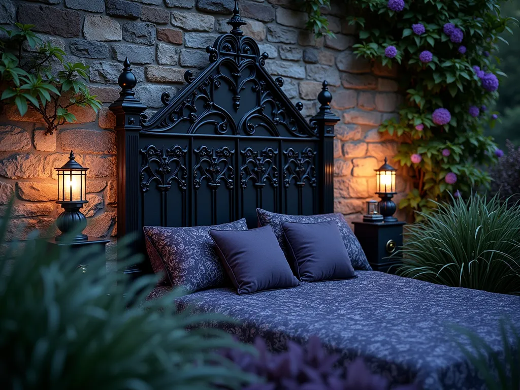 Gothic Metal Headboard Garden Feature - A dramatic garden scene at dusk featuring an ornate Victorian wrought iron headboard painted in glossy black, positioned against a weathered stone wall covered in climbing dark purple clematis. The headboard serves as a focal point in a shade garden, surrounded by layers of black mondo grass and dark purple heuchera 'Palace Purple' creating a moody atmosphere. Soft ambient lighting from vintage-style garden lanterns casts intricate shadows through the headboard's elaborate scrollwork onto the textured wall. Shot from a low angle to emphasize the headboard's Gothic architectural details, with subtle evening mist adding mystery. Professional DSLR photo with wide-angle lens, f/8, ISO 100, 1/125 sec, capturing the rich textures and ethereal garden atmosphere.