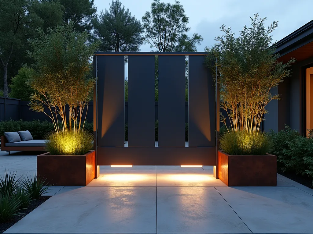 Modernist Metal Headboard Garden Screen - A sleek, minimalist garden scene at dusk featuring a vintage metal headboard transformed into a contemporary screen, painted matte charcoal gray. The headboard's clean lines stand elegantly against a modern garden backdrop. Architectural plants including tall, sculptural Corten steel planters housing Japanese Forest Grass and Black Bamboo create dramatic shadows. LED uplighting casts geometric patterns through the headboard's framework onto a smooth concrete patio surface. Wide-angle perspective captures the entire composition with modern outdoor furniture in the background.