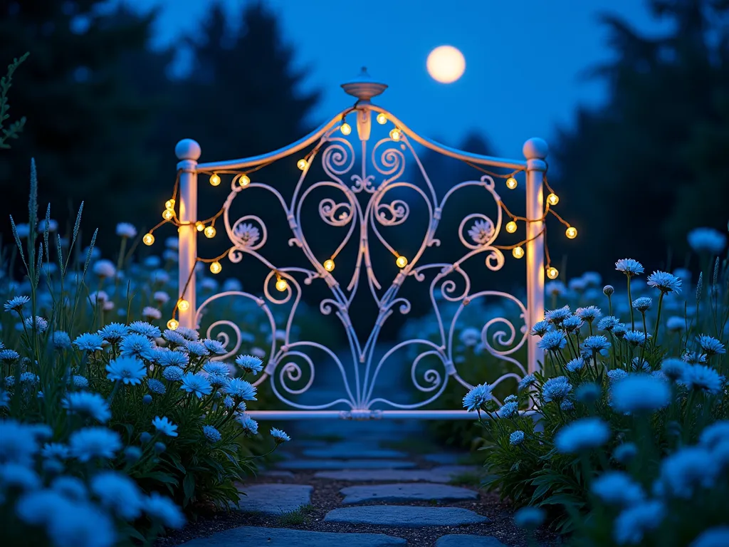 Enchanted Moonlit Headboard Garden - A magical nighttime garden scene featuring a vintage wrought iron headboard painted with luminescent glow-in-the-dark paint, creating an ethereal blue-white glow against a deep twilight sky. The headboard serves as a backdrop for a carefully curated collection of night-blooming flowers, including white moonflowers and evening primrose. Delicate solar-powered string lights weave through the headboard's intricate scrollwork, casting a warm golden glow that complements the phosphorescent paint. Shot from a medium-low angle to capture the full height of the headboard, with the moon visible in the background. The natural stone pathway leading to the feature is lined with white Japanese anemones and silvery lamb's ear, their foliage catching the subtle lighting. Captured with a DSLR camera at f/8, ISO 100, creating a dreamy depth of field while maintaining crisp detail in the metalwork and flowers. 8K resolution, photorealistic.