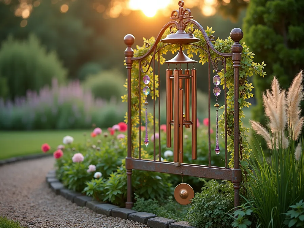 Musical Metal Headboard Garden Feature - A creative garden vignette featuring a vintage ornate metal headboard transformed into a musical garden feature, photographed at golden hour. The headboard is painted in weathered copper patina and adorned with cascading copper wind chimes and brass bells. Japanese forest grass and tall ornamental grasses sway gently around the base, creating movement. Shot from a medium angle to capture both the intricate metalwork and the surrounding garden elements. Soft evening light filters through the chimes, casting musical shadows on the garden path below. Delicate climbing jasmine weaves through the metalwork, while crystal prisms hang among the chimes, creating rainbow reflections. The scene is set against a blurred background of cottage garden perennials, with depth of field emphasizing the artistic centerpiece. Professional photography with natural lighting, 16-35mm lens at f/2.8, ISO 400.