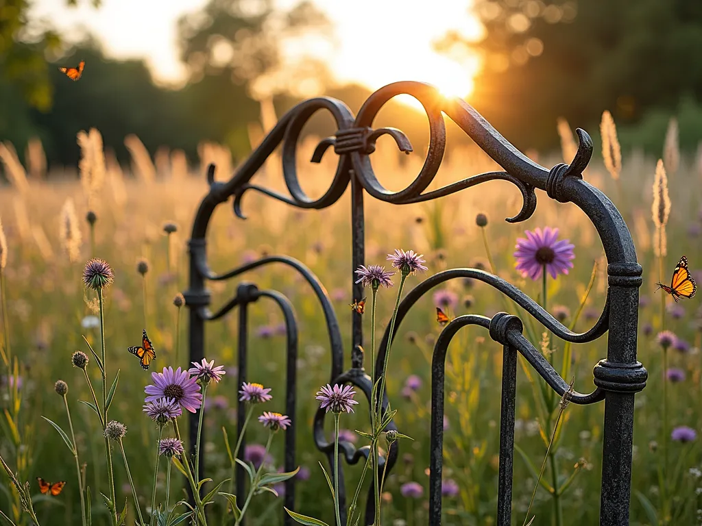 Prairie Garden Metal Headboard Border - A weathered vintage metal headboard with ornate scrollwork serves as an elegant backdrop in a golden-hour garden scene. Ethereal waves of tall switchgrass, purple coneflowers, and black-eyed susans create a dreamy prairie meadow effect. The late afternoon sun casts long shadows through the swaying grasses, while delicate butterflies dance among the wildflowers. The headboard's patina complements the natural garden aesthetic, photographed from a medium-low angle to emphasize the height and movement of the plants, with soft bokeh in the background. Scattered Mexican feather grass catches the light like silver threads.