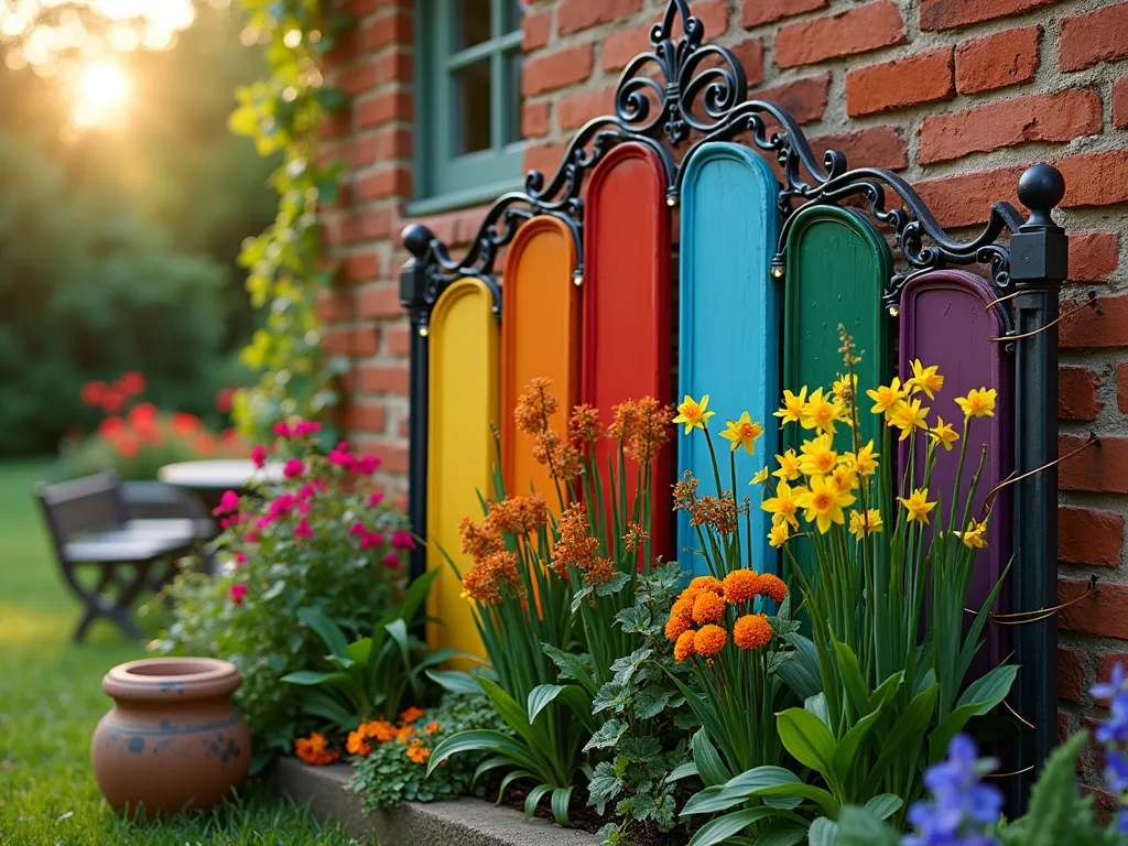 Rainbow Metal Headboard Garden Feature - A vintage ornate metal headboard transformed into a vertical garden feature, photographed during golden hour. The headboard is painted in vibrant rainbow stripes - red, orange, yellow, green, blue, and purple - and positioned against a rustic brick wall in a cottage garden. Each painted section frames matching colored flowers: red salvias, orange marigolds, yellow daffodils, green bells of Ireland, blue delphiniums, and purple verbena. Climbing ivy weaves through the metalwork, while solar-powered fairy lights are delicately wrapped around the frame. The wide-angle shot captures the surrounding garden with a natural bokeh effect, showing complementary garden furniture and weathered terracotta pots. Shot with DSLR camera, f/8 aperture, capturing the intricate details of both the metalwork and the cascading flowers in stunning 4K resolution.