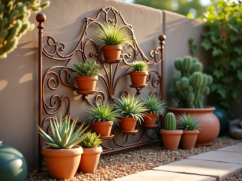 Rustic Metal Headboard Desert Garden Display - A vintage wrought iron headboard transformed into a stunning desert garden feature photographed during golden hour. The ornate metal frame, painted in weathered copper and rust tones, stands upright in a serene backyard setting against a natural stone wall. Multiple tiers of mounted air plants, Tillandsia, and small cacti varieties are artfully arranged across the headboard's decorative scrollwork. Terra cotta pots containing barrel cacti and agave plants are positioned at the base. Southwestern accents including copper sun faces, woven textiles, and weathered ceramic pieces complement the display. Desert pebbles and sand create a natural foundation, while strategic spotlighting casts intricate shadows across the garden feature. Shot with shallow depth of field to highlight the textural details and desert plantings.