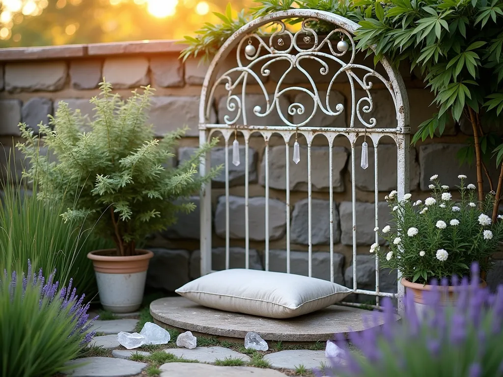 Serene Metal Headboard Meditation Corner - A tranquil garden meditation corner at golden hour, featuring an ornate vintage metal headboard painted in weathered white, serving as a focal point against a natural stone wall. The headboard is adorned with delicate silver wind chimes and hanging quartz crystals that catch the warm evening light. Japanese forest grass and lavender sway gently in the foreground, while potted bamboo provides height and movement. A comfortable meditation cushion rests on a circular stone platform, surrounded by white flowering jasmine and soft purple wisteria climbing the headboard. Crystal-clear quartz pieces scattered around the base catch the golden sunlight, creating peaceful light reflections. Shot with a medium-wide perspective to capture the entire peaceful setting, with subtle depth of field highlighting the headboard's intricate details.