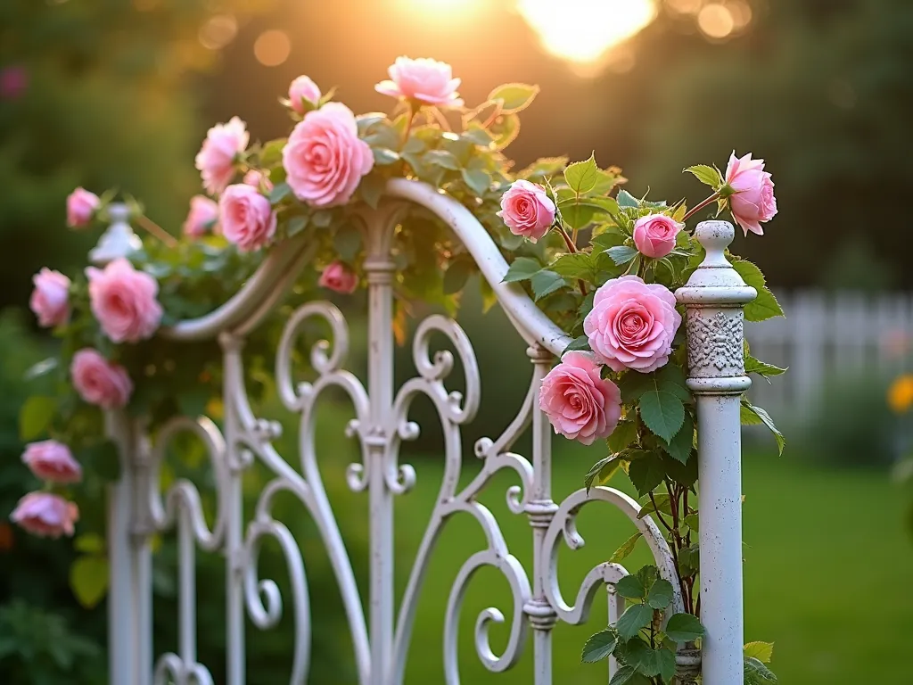 Victorian Metal Headboard Rose Trellis at Dawn - A stunning vintage metal headboard painted in soft antique white, transformed into an elegant garden trellis, photographed at dawn with golden sunlight filtering through. The ornate Victorian-style headboard stands 6 feet tall against a blurred garden background, with pink climbing roses in full bloom gracefully weaving through its intricate scrollwork patterns. Morning dew glistens on the rose petals, while some roses cascade dramatically over the curved top of the headboard. The scene is captured from a slight low angle, emphasizing the height and grandeur of the piece, with subtle bokeh effect in the background showing glimpses of a cottage garden. Professional DSLR photo with precise attention to detail and depth of field, highlighting both the architectural details of the headboard and the organic beauty of the climbing roses.