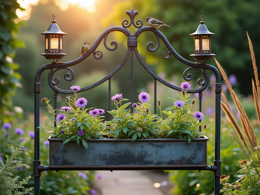 Vintage Metal Headboard Bird Sanctuary - A charming vintage wrought iron headboard repurposed as a garden focal point at dawn, photographed in medium shot. The ornate metalwork is weathered to a rustic patina, adorned with vintage-style copper bird feeders and distressed metal planters. Purple coneflowers, black-eyed susans, and native grasses spill from the planters, while small birds perch naturally on the decorative scrollwork. Morning light filters through the metalwork creating ethereal shadows on the garden path below, with dewdrops glistening on the foliage. The background shows a softly blurred cottage garden with mature shrubs and climbing roses.