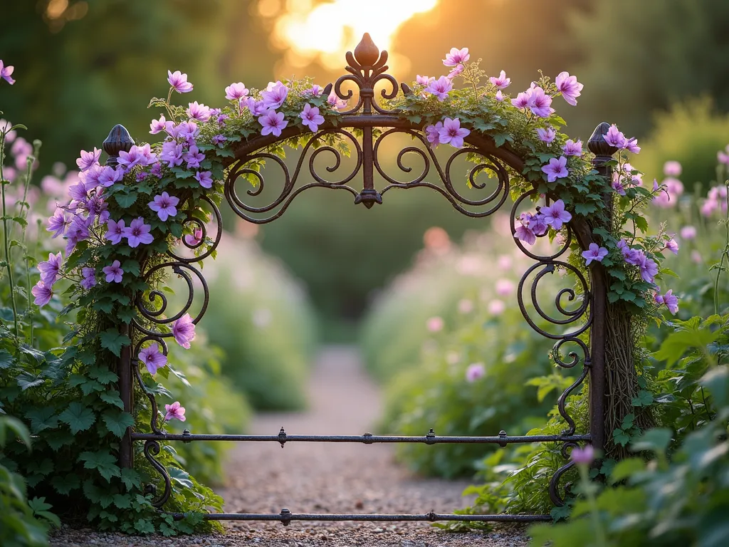 Vintage Metal Headboard Garden Divider with Climbing Flowers - A romantic garden scene at golden hour featuring an ornate vintage metal headboard repurposed as a garden divider, photographed at f/2.8 with soft natural lighting. The weathered iron headboard creates an elegant frame between two garden spaces, completely covered in blooming purple clematis and delicate pink sweet peas. The climbing vines intertwine through the decorative scrollwork, creating a living wall effect. Behind the headboard, cottage-style perennials blur into a dreamy bokeh, while a gravel path leads the eye through the divided spaces. The scene is captured from a slight angle to showcase both the architectural details of the headboard and the depth of the garden spaces it separates, with morning dew still glistening on the flowers.