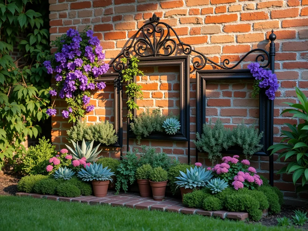 Vintage Metal Headboard Living Gallery Wall - A stunning garden vignette at golden hour featuring an ornate Victorian-style metal headboard mounted on a rustic brick wall, transformed into three distinct photo frame sections. Each section showcases a carefully curated collection of plants: the left frame bursting with purple clematis and trailing ivy, the center frame highlighting a collection of colorful succulents and echeveria arranged in a spiral pattern, and the right frame featuring pink climbing roses and delicate ferns. Soft evening sunlight filters through the intricate scrollwork of the headboard, casting elaborate shadows on the weathered brick wall. Shot with a wide-angle lens to capture the full artistic display, with shallow depth of field emphasizing the dimensional layers of plantings. Professional DSLR photography with perfect exposure capturing the rich textures and botanical details.