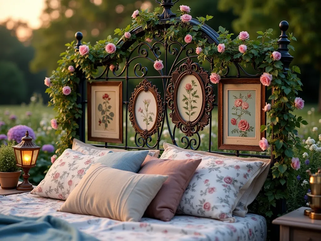 Vintage Metal Headboard Art Gallery at Dusk - A close-up shot of an ornate vintage metal headboard transformed into an elegant outdoor art gallery, beautifully staged against a lush garden backdrop at dusk. The headboard features a collection of vintage-style weatherproof artwork, antique mirrors, and botanical prints arranged within its intricate scrollwork frame. Soft garden lights illuminate the display, creating a magical ambiance. Climbing roses and ivy weave through the metalwork, while copper and brass garden ornaments catch the last rays of sunset. The scene is photographed with a dreamy bokeh effect, showing the depth of the garden beyond, with hydrangeas and lavender in the background. Shot with a digital camera at 35mm, f/2.8, ISO 400, capturing the golden hour lighting and intricate details of both the metalwork and artwork.