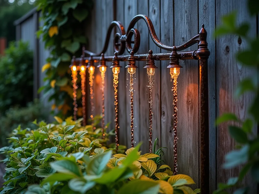 Vintage Metal Headboard Rain Chain Garden Feature at Dusk - A stunning close-up photograph of an antique wrought iron headboard repurposed as a garden feature, shot during a light rain at dusk. The ornate Victorian-style metal headboard stands 6 feet tall against a weathered wooden fence, with decorative copper rain chains hanging from its scrollwork. Water droplets cascade down the chains, catching the warm evening light and creating a magical shimmer. Below, a collection of lush hostas and Japanese forest grass catches the falling water. The scene is photographed with shallow depth of field, focusing on the water droplets while softly blurring the natural stone path and climbing hydrangea in the background. Warm garden lights illuminate the scene from below, highlighting the patina of the metal and the dancing water.