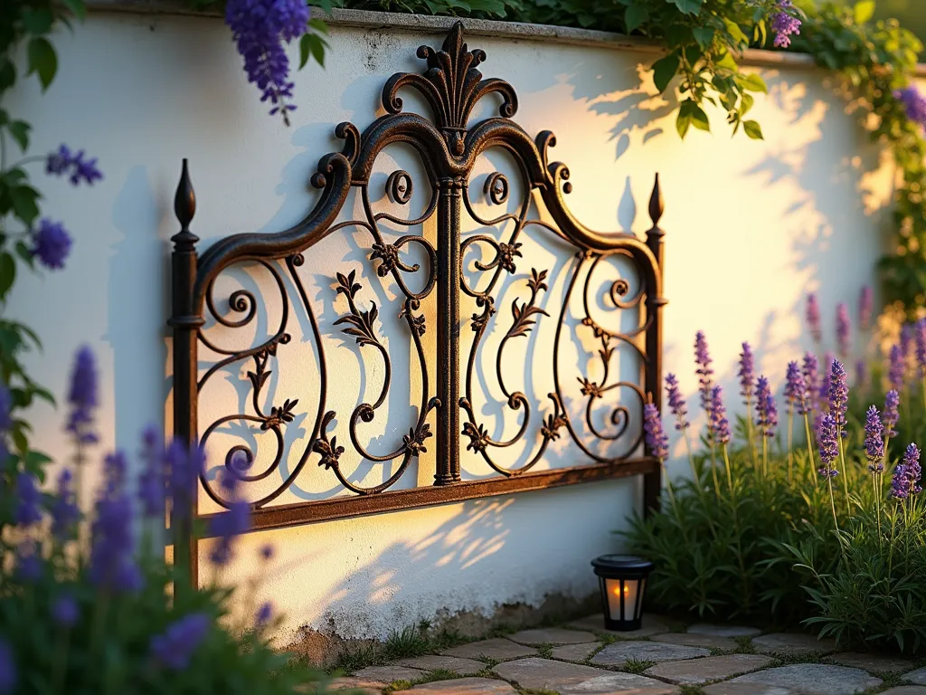 Vintage Metal Headboard Shadow Garden Feature - A dreamy late afternoon garden scene with a weathered, ornate Victorian-style metal headboard mounted against a white-washed garden wall. The low sun casts intricate, lace-like shadows across the wall and stone pathway below. The headboard features scrollwork and delicate floral patterns, its aged patina adding character. Purple clematis vines gracefully wind through parts of the metalwork, while lavender plants line the pathway, swaying gently in the breeze. Shot from a 45-degree angle to capture both the headboard's detail and the mesmerizing shadow patterns, with golden sunlight filtering through the design. The scene is completed with soft-focus cottage garden flowers in the background and small solar lights placed to enhance evening shadow effects.