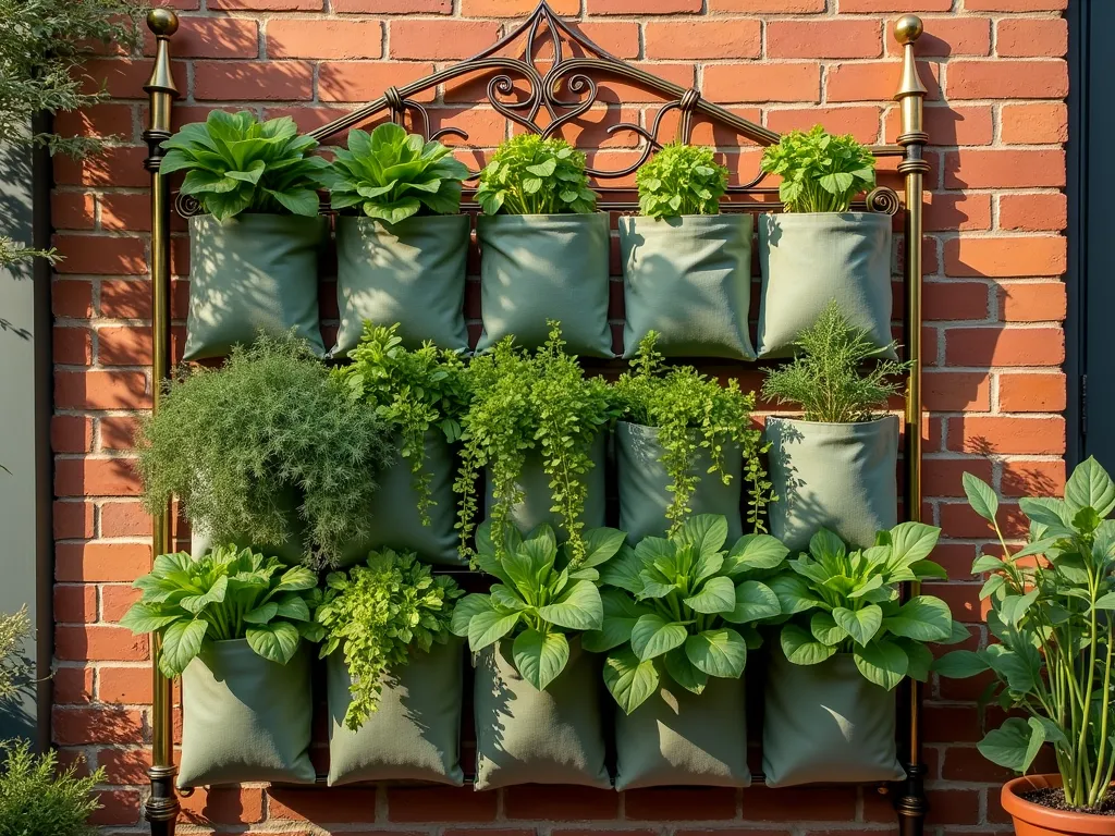 Vertical Vegetable Garden with Vintage Metal Headboard - A rustic metal headboard transformed into a vertical garden, photographed during golden hour. The antique brass-finished headboard is mounted on a weathered brick wall, adorned with hanging fabric growing bags in sage green. Fresh lettuce, trailing cherry tomatoes, and aromatic herbs cascade down in organized tiers. Captured with a medium-wide shot, showing the full height of the 6-foot headboard against dappled sunlight. The growing bags are bursting with vibrant vegetation, while delicate tendrils of thyme and oregano weave through the ornate metalwork. The bottom of the frame shows a small patio area with terracotta pots, creating depth and context. Professional DSLR photo with crisp details and warm, natural lighting enhancing the vintage patina of the metal.