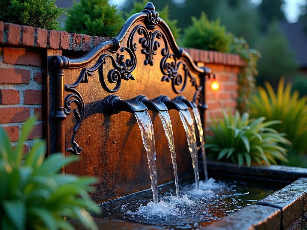 Vintage Metal Headboard Water Wall at Dusk - A stunning garden vignette at dusk featuring an ornate Victorian-era metal headboard transformed into a water feature wall. The weathered copper patina headboard is mounted on a rustic brick wall, with delicate copper pipes weaving through its intricate scrollwork. Multiple small copper spouts create gentle waterfalls that cascade down the metalwork, catching the warm evening light. The water collects in a stone basin surrounded by lush hostas and Japanese forest grass. Soft landscape lighting illuminates the falling water, creating mesmerizing reflections on the metalwork. Shot from a medium angle to showcase both the detail of the headboard and its garden context, with a shallow depth of field that creates a dreamy atmosphere. 16-35mm lens at f/2.8, ISO 400.