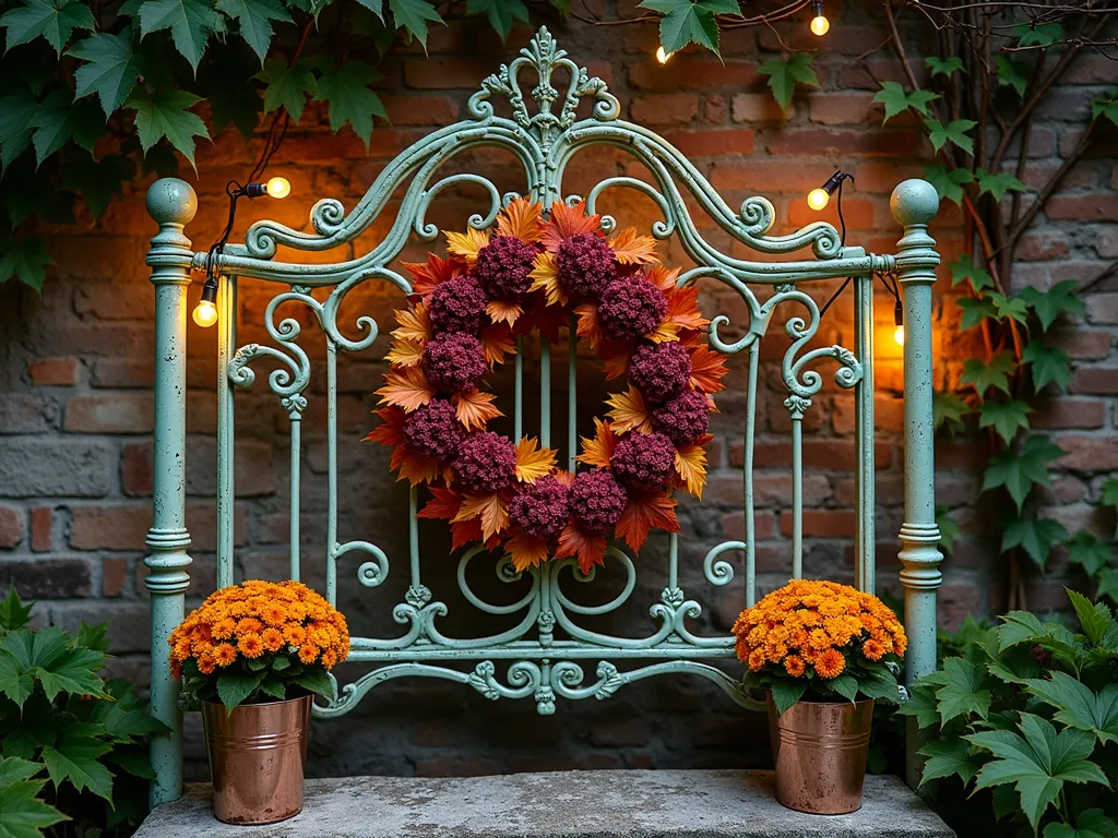 Vintage Metal Headboard Seasonal Wreath Display - A rustic garden vignette featuring an ornate Victorian-style metal headboard painted in weathered mint green, mounted against a vine-covered garden wall at dusk. The headboard serves as an elegant frame for a lush autumn wreath made of burgundy hydrangeas, golden maple leaves, and deep orange berries. Solar-powered fairy lights are delicately woven through the headboard's scrollwork, creating a magical glow. The base is adorned with potted chrysanthemums in copper planters and climbing clematis beginning to wind its way up the metalwork. Soft evening light casts intricate shadows on the weathered brick wall behind, creating a dreamy, enchanted garden atmosphere. Shot from a slight angle to capture the dimension and architectural details of the headboard.