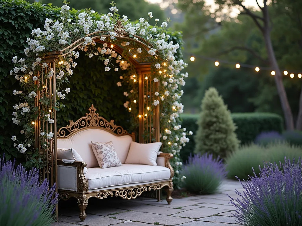 Vintage Metal Headboard Aromatherapy Garden - A dreamy twilight garden scene featuring an ornate vintage metal headboard repurposed as a garden trellis, photographed with a 16-35mm lens at f/2.8, ISO 400. Delicate white jasmine and purple honeysuckle vines intertwine through the intricate scrollwork of the weathered brass headboard. A cozy outdoor seating area with plush cushions sits nearby, while soft garden lights create a magical atmosphere. The flowering vines cascade down the headboard, creating a natural perfumed curtain. Gentle evening light filters through the foliage, casting ethereal shadows on the rustic stone patio below. Lavender and sage plants border the base, adding layers of aromatic detail.