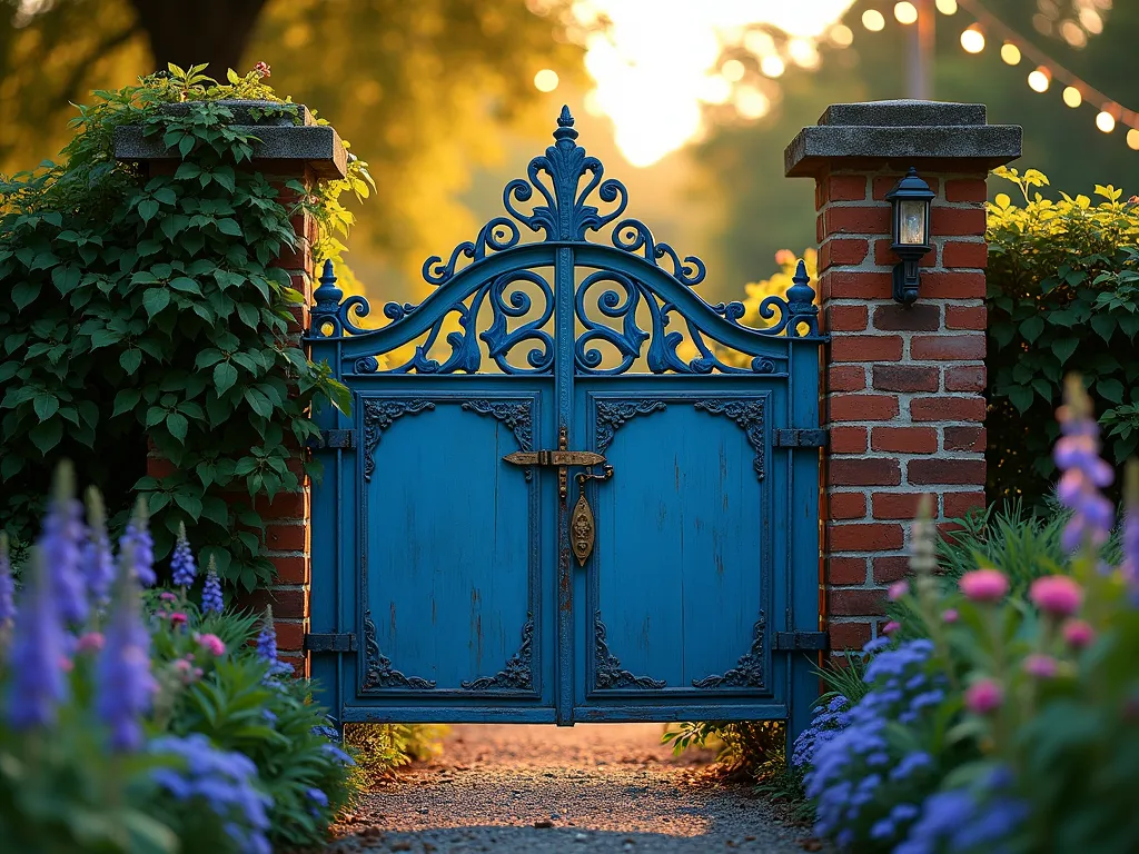 Vintage Metal Headboard Garden Gate - A stunning dusk photograph of an ornate Victorian-style metal headboard repurposed as a garden gate entrance, painted in a rich cobalt blue with delicate patina details. The gate is mounted between two weathered brick pillars wrapped in climbing English ivy and flowering clematis. Golden hour sunlight filters through the intricate scrollwork of the headboard, casting ethereal shadows on a gravel pathway lined with lavender and catmint. The gate features antique brass hinges and an ornate vintage latch, while cottage-style garden beds with blooming roses, delphiniums, and foxgloves frame both sides. A wide-angle perspective captures the romantic, secret-garden atmosphere, with soft bokeh effects in the background highlighting string lights draped in nearby trees.