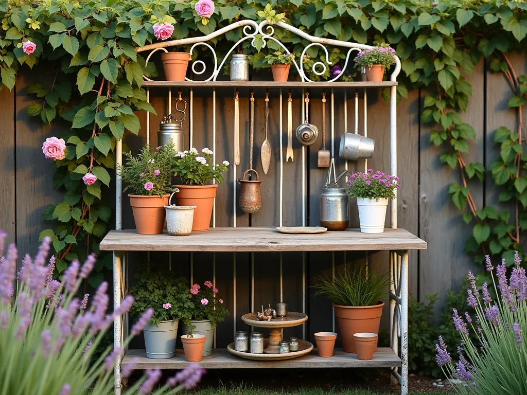 Vintage Metal Headboard Potting Station - A charming vintage wrought iron headboard repurposed into an elegant potting station in a sun-dappled garden, photographed during golden hour. The ornate metal headboard features a weathered white paint finish and serves as the backdrop for a fold-down wooden table made from reclaimed barn wood. Mason jars filled with garden tools hang from decorative hooks, while rustic wooden shelves display terra cotta pots, vintage watering cans, and gardening supplies. Climbing roses and jasmine weave through the headboard's scrollwork, creating a romantic frame. The potting station is positioned against a weathered garden wall with trailing ivy, surrounded by lavender plants and vintage garden accessories. The scene is captured with soft, warm lighting highlighting the intricate metalwork and creating gentle shadows across the workspace.