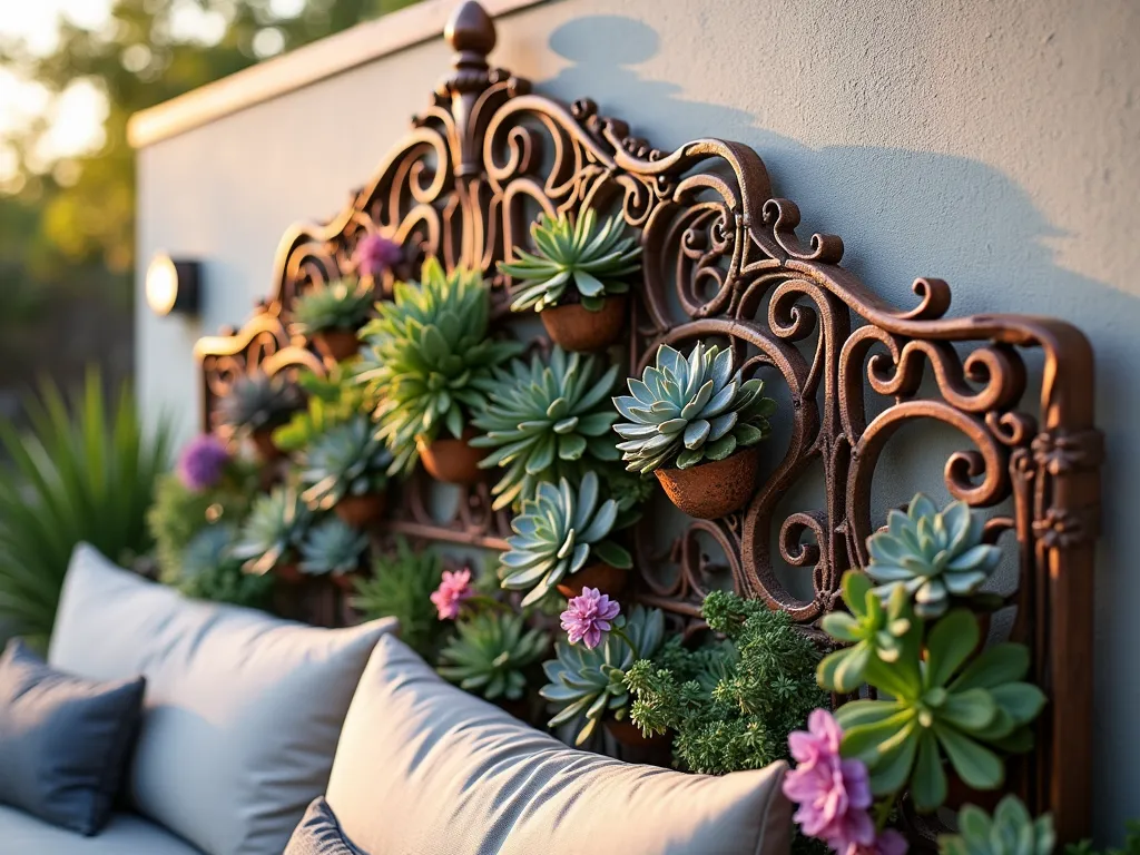 Vintage Metal Headboard Succulent Wall - A stunning close-up photograph of an ornate vintage metal headboard transformed into a vertical succulent garden, mounted on a modern patio wall at golden hour. The headboard features intricate Victorian scrollwork painted in weathered copper patina, adorned with dozens of carefully arranged copper and zinc pocket planters. Diverse succulents in shades of blue-green, purple, and rose cascade organically through the metalwork, including Echeveria elegans, Sedum morganianum, and Sempervivum tectorum. Soft evening sunlight filters through the living tapestry, creating dramatic shadows on the light stone wall behind. Shot with shallow depth of field highlighting the textural contrast between smooth metalwork and fleshy succulent leaves. A modern outdoor sofa with neutral cushions is partially visible below, adding context to the garden art installation.