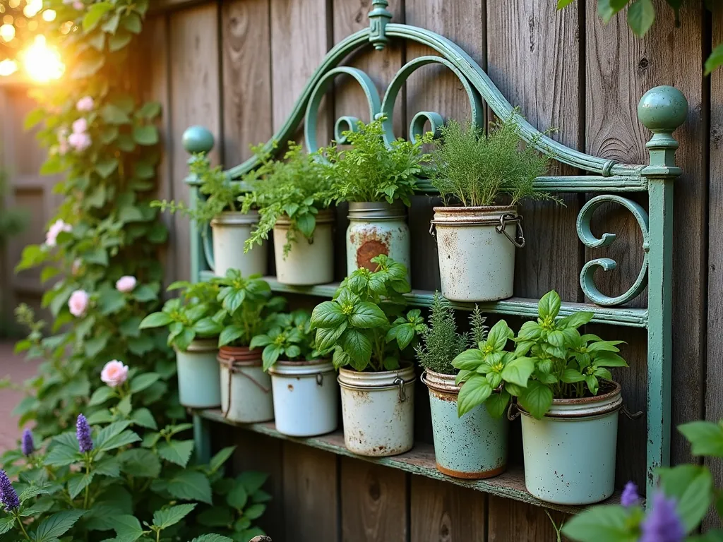 Rustic Metal Headboard Herb Garden - A charming vintage metal headboard painted in distressed sage green, mounted on a weathered wooden fence in a cottage garden setting. Multiple antique mason jars and enamelware containers in varying sizes are beautifully attached to the headboard's ornate scrollwork, creating a vertical herb garden. Fresh herbs like basil, thyme, and rosemary spill out of the containers, their leaves catching the warm late afternoon sunlight. The headboard is surrounded by climbing roses and lavender bushes, with a rustic brick pathway leading up to it. Shot from a medium angle to showcase both the detail of the herbs and the overall design integration into the garden space. Soft golden hour lighting creates magical shadows through the metalwork, highlighting the vintage aesthetic.