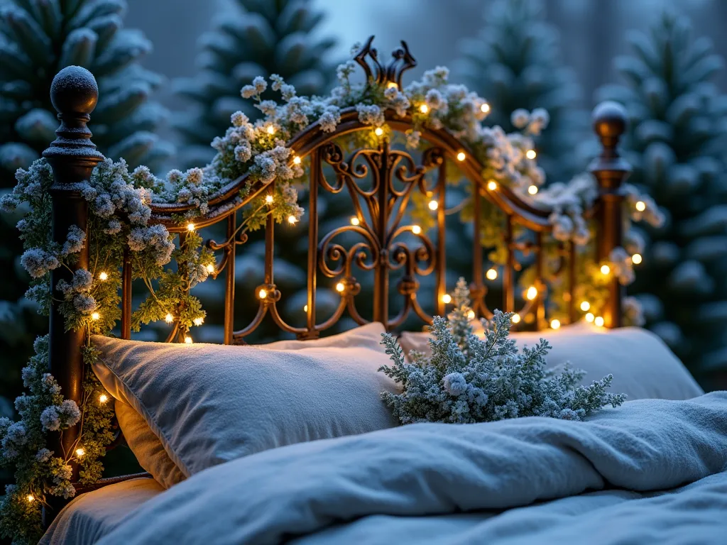 Metal Headboard Winter Garden Display - A close-up twilight shot of an ornate vintage metal headboard transformed into a magical winter garden feature. The intricate wrought iron design is partially covered with frost-kissed ivy and climbing jasmine, while delicate white string lights weave through the metalwork creating a warm, ethereal glow. Small clusters of hellebores and winter heath bloom at the base, complemented by silvery dusty miller and evergreen ferns. The scene is captured with soft bokeh effect, with snow-dusted evergreens creating a dreamy backdrop. Professional photography with dramatic lighting highlights the contrast between the dark metal structure and the illuminated plants, f/2.8 aperture creating beautiful depth of field