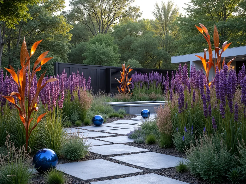 Modern Artistic Milkweed Sanctuary - A stunning artistic garden featuring tall sculptural stands of purple and orange butterfly milkweed arranged in curved, flowing patterns. Contemporary metal garden sculptures in copper and steel rise between the plants, their organic forms echoing the milkweed's natural grace. A winding path of geometric concrete pavers leads through the space, while artistic glass orbs in deep blues and purples dot the landscape. Modern architectural planters in varying heights showcase specimen milkweed plants. Early evening lighting casts dramatic shadows, creating an outdoor gallery effect. Monarch butterflies flutter among the plants, adding living motion to the artistic scene. Background features a minimalist water feature with clean lines and subtle lighting.