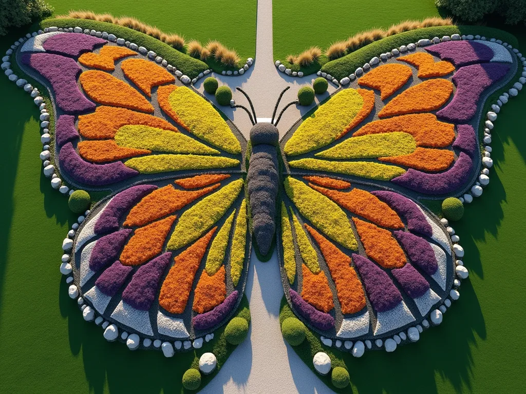 Butterfly-Shaped Milkweed Garden with Winding Pathways - Aerial view of a magnificent butterfly-shaped garden with symmetrical wings created from different colored milkweed varieties, photographed in early morning light. The garden features orange butterfly weed, purple swamp milkweed, and white common milkweed arranged in flowing patterns. Curved gravel pathways wind through the wings, leading to a central seating area. Natural stone borders outline the butterfly shape. The garden includes ornamental grasses as accents and features a small meditation bench at the butterfly's head. Professional landscape photography, high resolution, soft natural lighting, cinematic composition