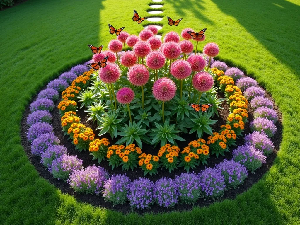 Circular Pollinator Paradise Island Bed - A stunning circular garden bed photographed from a slightly elevated angle, featuring a dense cluster of tall pink and orange milkweed plants at its center, surrounded by concentric rings of pollinator-friendly plants. The garden transitions from tall to short, with purple coneflowers, black-eyed susans, and lavender creating perfect circles around the milkweed core. Multiple monarch butterflies hover over the blooms, their orange wings catching the soft morning light. The garden bed has a natural, cottage-style arrangement while maintaining distinct circular patterns, set against a backdrop of lush green lawn. Small stepping stones provide access through the garden rings.