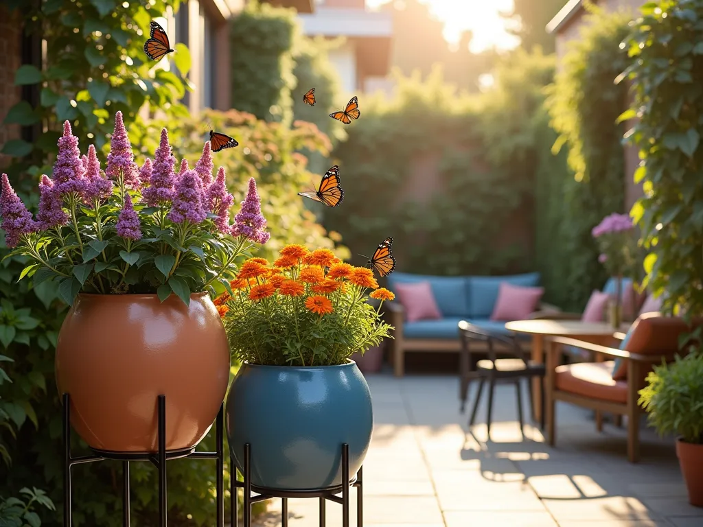 Elegant Container Milkweed Garden on Urban Patio - A sun-drenched urban patio featuring an artful arrangement of large, vibrant ceramic containers in blues and terracotta, showcasing blooming orange butterfly weed, purple coneflowers, and pink lantana. The containers are positioned at varying heights on modern metal plant stands, with delicate monarch butterflies hovering above. The scene is captured during golden hour, with soft sunlight filtering through the plants, creating a magical atmosphere. The patio setting includes a cozy seating area with natural wood furniture and trailing plants in the background, photographed in a professional garden style.