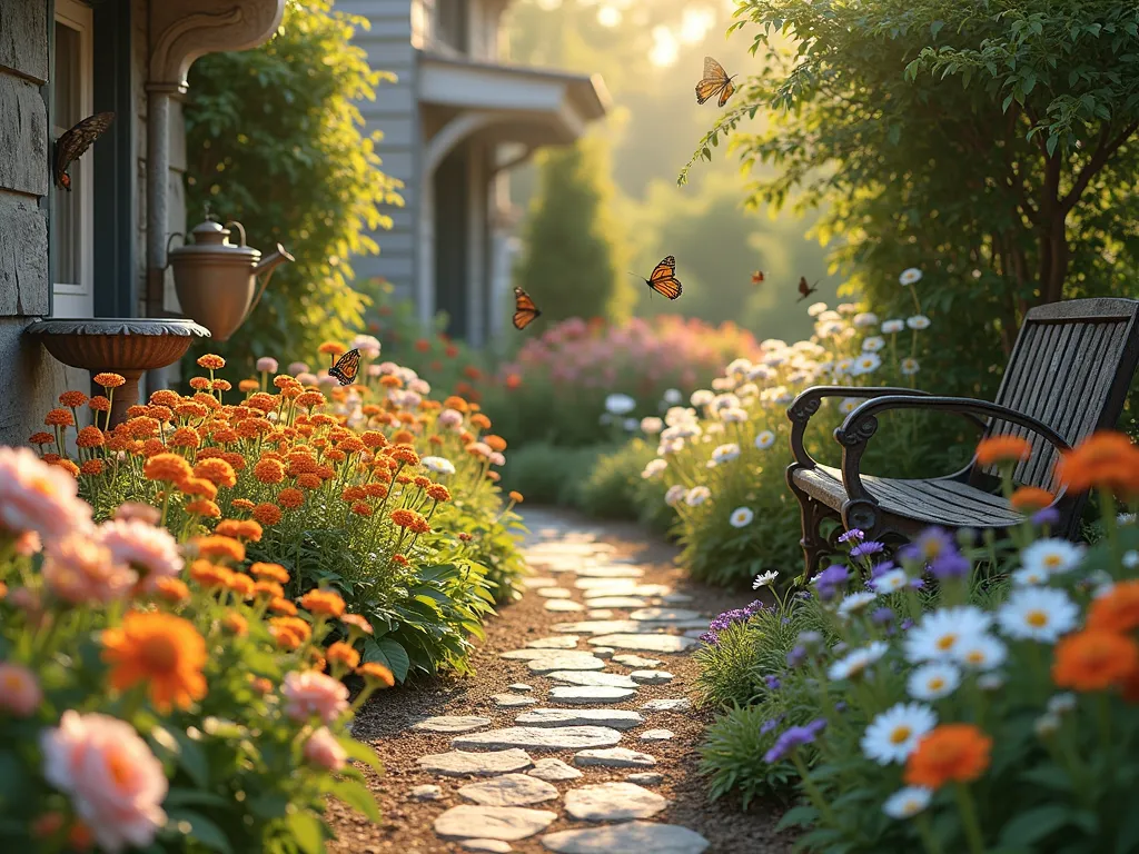 Enchanting Cottage Garden with Milkweed - A dreamy cottage garden scene bathed in golden afternoon sunlight, featuring clusters of orange butterfly weed (Asclepias tuberosa) nestled among blooming English roses, French lavender, and white Shasta daisies. A winding cobblestone pathway meanders through the lush, informal plantings, bordered by weathered wooden picket fencing draped with climbing roses. Vintage garden elements include a rustic birdbath, antique watering can, and wrought iron garden bench. Monarch butterflies flutter among the flowers, while cottage-style perennials create a romantic, abundant landscape with varying heights and textures. Photorealistic, soft bokeh effect, professional garden photography style.