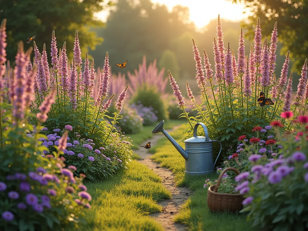 Cottage-Style Milkweed Cutting Garden - A dreamy cottage-style cutting garden at golden hour, featuring tall common milkweed plants with pink-purple flower clusters surrounded by complementary flowers including purple coneflowers, black-eyed susans, and pink cosmos. Butterflies hover around blooms while garden paths wind through the informal beds. Vintage-style galvanized metal watering cans and rustic gathering baskets sit nearby. Soft, natural lighting creates a romantic atmosphere with slight lens flare, photorealistic style, high detail.