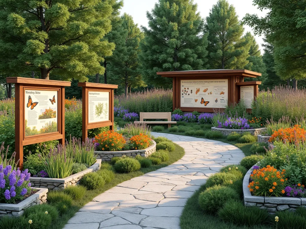 Educational Milkweed Display Garden with Interpretive Stations - A professionally landscaped demonstration garden featuring multiple raised beds with different milkweed species in full bloom, arranged in an arc pattern. Elegant wooden interpretive signs with clear botanical illustrations stand beside each bed. A central decorative kiosk displays a large educational panel about monarch butterfly conservation. The garden includes common milkweed with purple blooms, orange butterfly weed, and pink swamp milkweed, all with monarchs flying around. Natural stone pathways wind between the beds, lined with native grasses. A wooden bench offers seating for observation, while artistic lifecycle display panels show monarch metamorphosis stages. Soft natural lighting, photorealistic, high detail, award-winning garden design.