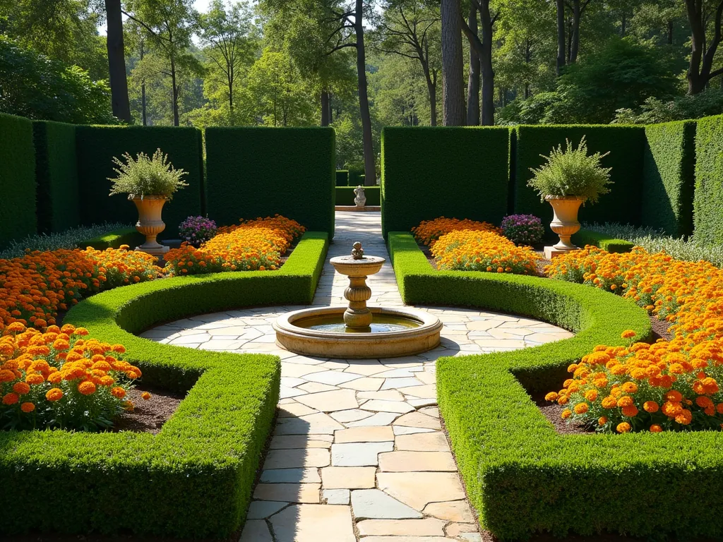 Elegant Formal Butterfly Garden with Boxwood Borders - A stunning formal garden layout with perfectly symmetrical pathways and geometric beds bordered by neatly trimmed boxwood hedges. In the center, vibrant orange and yellow butterfly weed (Asclepias tuberosa) creates dramatic focal points against the dark green structure. Natural stone pathways intersect the garden in a classical pattern, while monarchs and other butterflies flutter among the milkweed blooms. The garden features a small ornate fountain at the center crossing, with carefully placed classical garden urns containing more butterfly-friendly plants. Captured in warm afternoon sunlight with photorealistic detail, professional garden photography style.