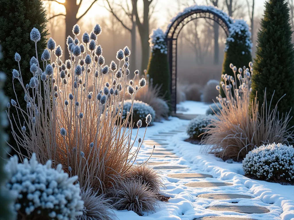 Four-Season Milkweed Garden with Winter Interest - A professional garden photograph showcasing a well-designed four-season milkweed garden. In the foreground, silvery dried common milkweed pods and stems create dramatic winter silhouettes against fresh snow. Deep green dwarf evergreen shrubs and ornamental grasses provide structure. Stone pathway winding through garden, with decorative metal archway covered in frost. Early morning sunlight casting long shadows, creating a magical winter scene. Artistic composition with frost-covered seedheads catching golden light.