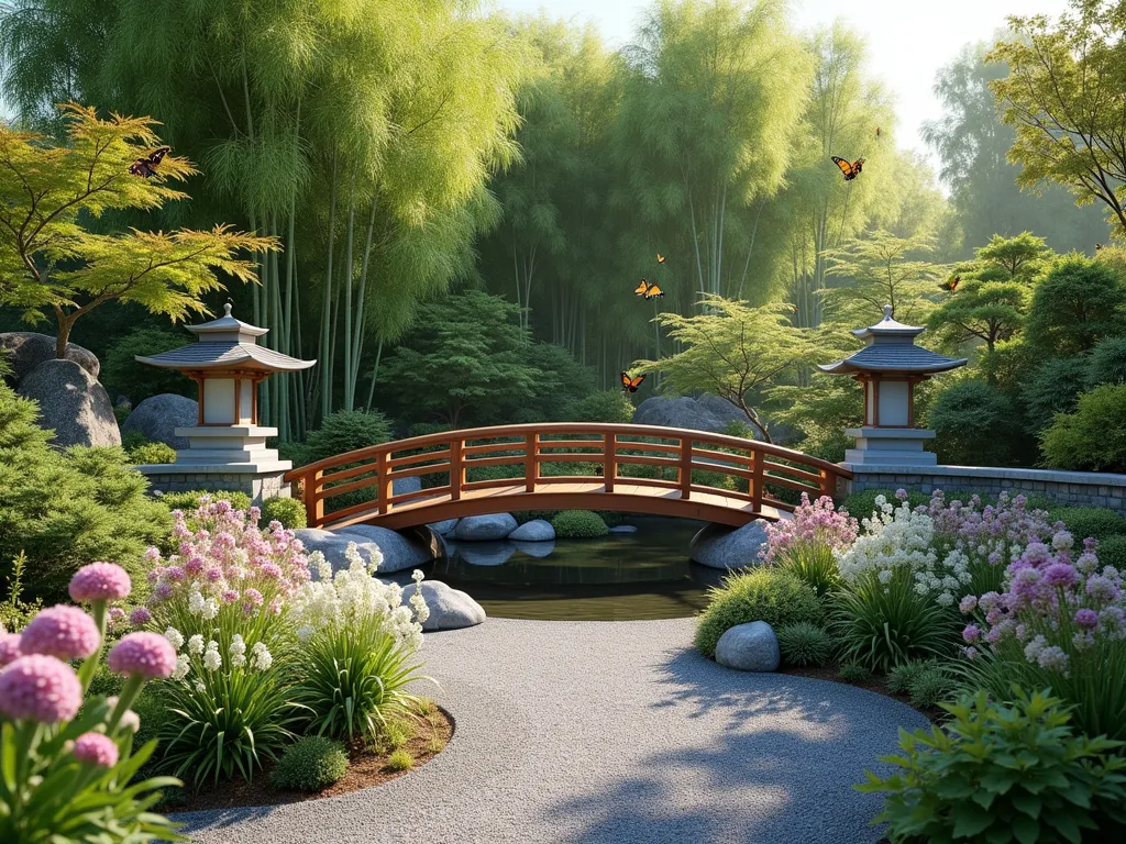 Zen Milkweed Garden Sanctuary - A serene Japanese garden featuring blooming milkweed plants thoughtfully integrated among traditional elements. A curved wooden bridge spans a small koi pond, with carefully placed granite boulders and manicured evergreen shrubs. Pink and white milkweed flowers bloom alongside Japanese maples and ornamental grasses. Stone lanterns cast gentle shadows on a raked gravel path, while monarch butterflies dance above the peaceful scene. Soft morning light filters through bamboo trees in the background, creating a harmonious blend of Eastern aesthetics and butterfly-friendly plantings. Photorealistic, 4K, architectural photography style.