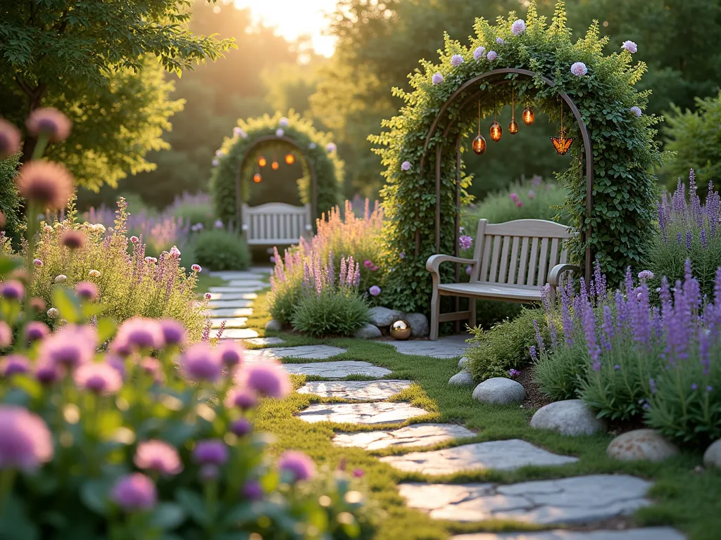 Magical Milkweed Sensory Garden - A dreamy garden scene at golden hour showcasing a winding flagstone path through a lush sensory garden. In the foreground, clusters of fragrant pink and white swamp milkweed sway gently alongside purple butterfly weed. Soft-textured ornamental grasses and lavender create movement, while copper wind chimes hang from a decorative metal arch covered in climbing roses. Natural wooden benches offer seating among raised garden beds filled with tactile plants like lamb's ear and Russian sage. Monarch butterflies flutter between blooms, and decorative river rocks and glass garden orbs add visual interest. The scene is captured with soft, ethereal lighting and shallow depth of field, creating a magical atmosphere.