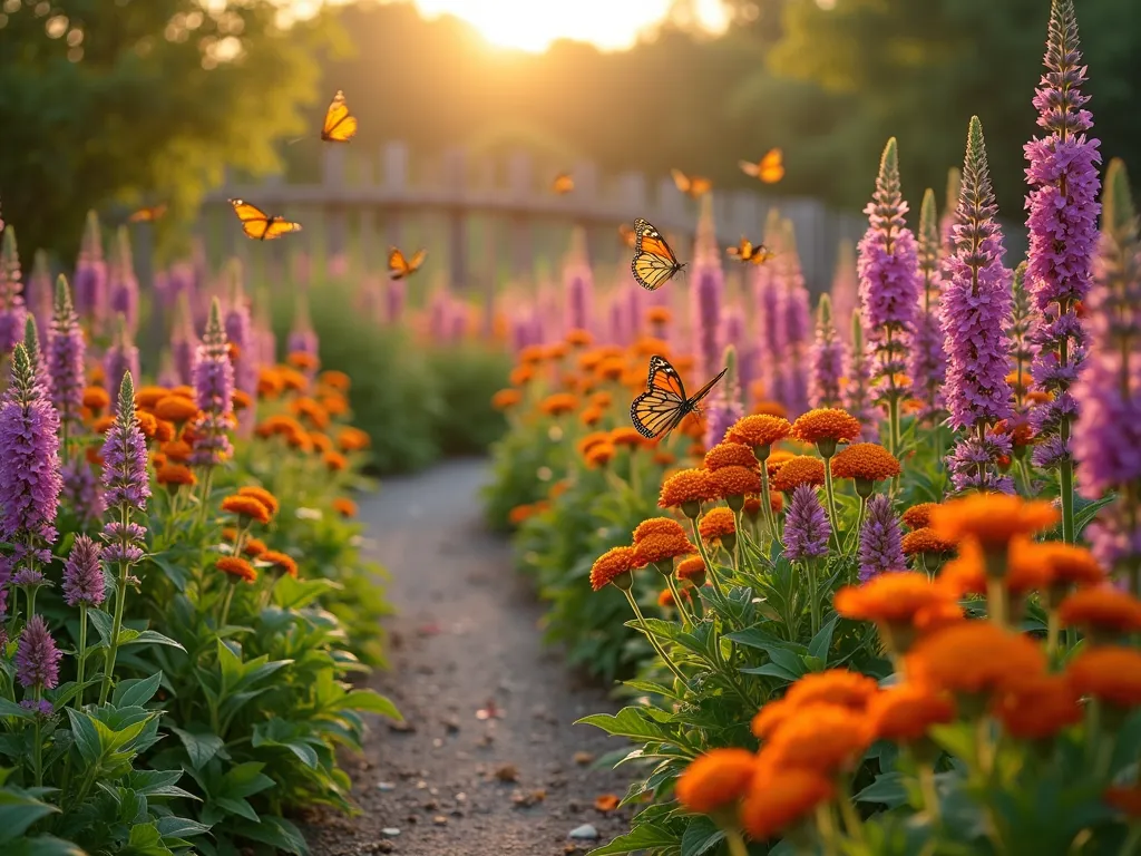 Milkweed Butterfly Highway Border - A stunning garden border photographed in golden evening light, featuring a gracefully curved pathway lined with layers of flowering milkweed plants. In the foreground, vibrant orange butterfly weed blooms at knee height, followed by pink swamp milkweed at waist height, and tall common milkweed with mauve flower clusters in the back. Multiple monarch butterflies hover over the flowers, their wings backlit by the warm sunlight. The border extends into the distance, creating a natural corridor effect with a mix of purple coneflowers and black-eyed susans interspersed throughout. A rustic wooden fence partially visible in the background adds depth, photorealistic, professional garden photography, high detail, soft bokeh effect