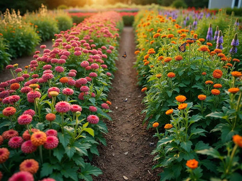 Milkweed-Bordered Vegetable Garden Paradise - A stunning aerial view of a well-organized vegetable garden bordered by flowering common milkweed and butterfly weed, photographed during golden hour. Neat rows of tomatoes, peppers, and leafy greens are surrounded by a 3-foot-wide border of pink and orange milkweed flowers in full bloom. Several monarch butterflies hover over the flowers while bees buzz among the vegetables. The border creates a beautiful transition with varying heights of milkweed plants, complemented by purple coneflowers and black-eyed susans. The garden paths are made of natural mulch, and the scene is captured with soft, warm lighting that highlights the gentle movement of the milkweed silk in the breeze.