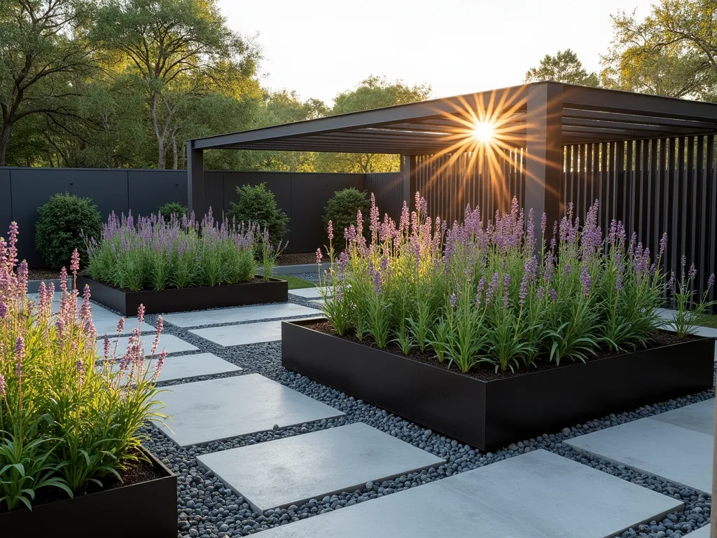 Contemporary Milkweed Garden with Steel Elements - A stunning modern garden design featuring a geometric arrangement of Asclepias syriaca (Common Milkweed) in mass plantings, set against dark steel raised beds with clean angular lines. The milkweed creates waves of soft purple-pink blooms against the industrial elements. Minimalist concrete pathways intersect the space, while architectural steel pergola casts dramatic shadows. Professional photography, golden hour lighting, high resolution, clear focus on the contrast between natural and modern elements.