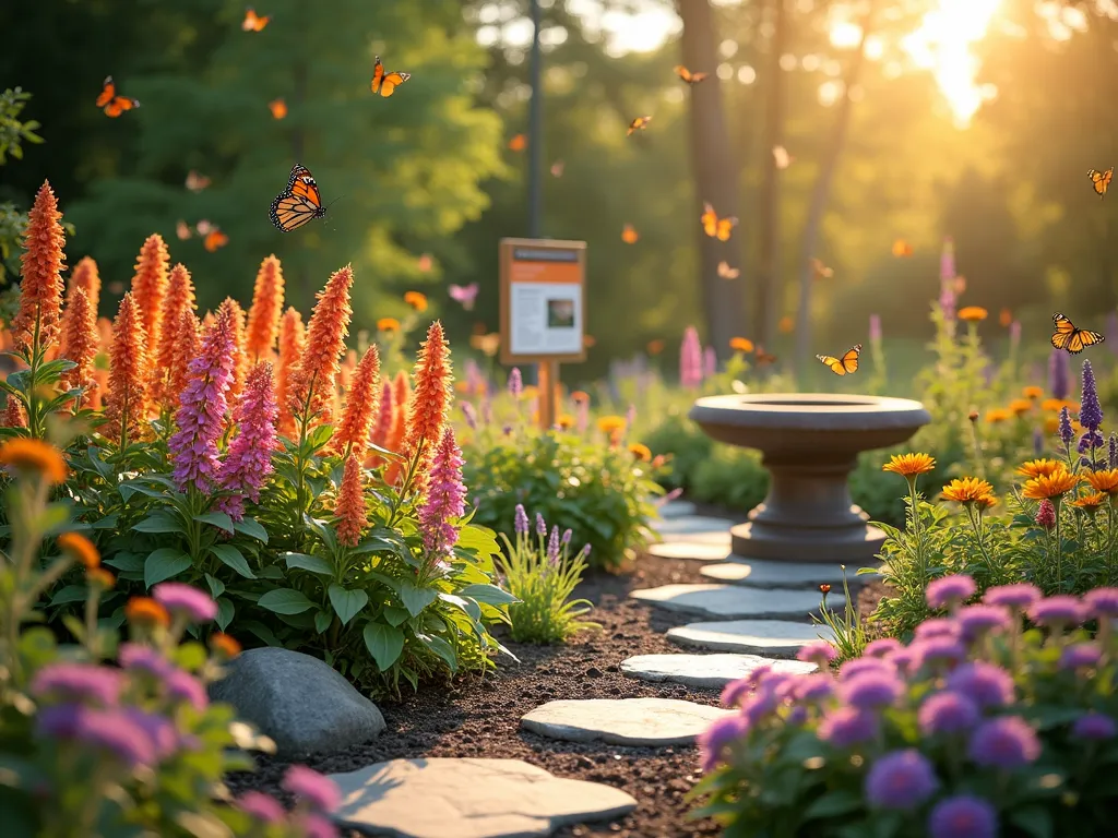 Educational Monarch Waystation Garden - A sunlit garden sanctuary designed as a monarch waystation, featuring clusters of orange and pink milkweed plants in full bloom. Decorative flat stones create natural basking areas, while a shallow stone birdbath provides water. Educational signage with monarch butterfly graphics stands prominently. Native nectar plants like purple coneflower, black-eyed susans, and zinnia add vibrant color. Multiple monarch butterflies float gracefully between flowers. Professional garden photography style, golden hour lighting, shallow depth of field.