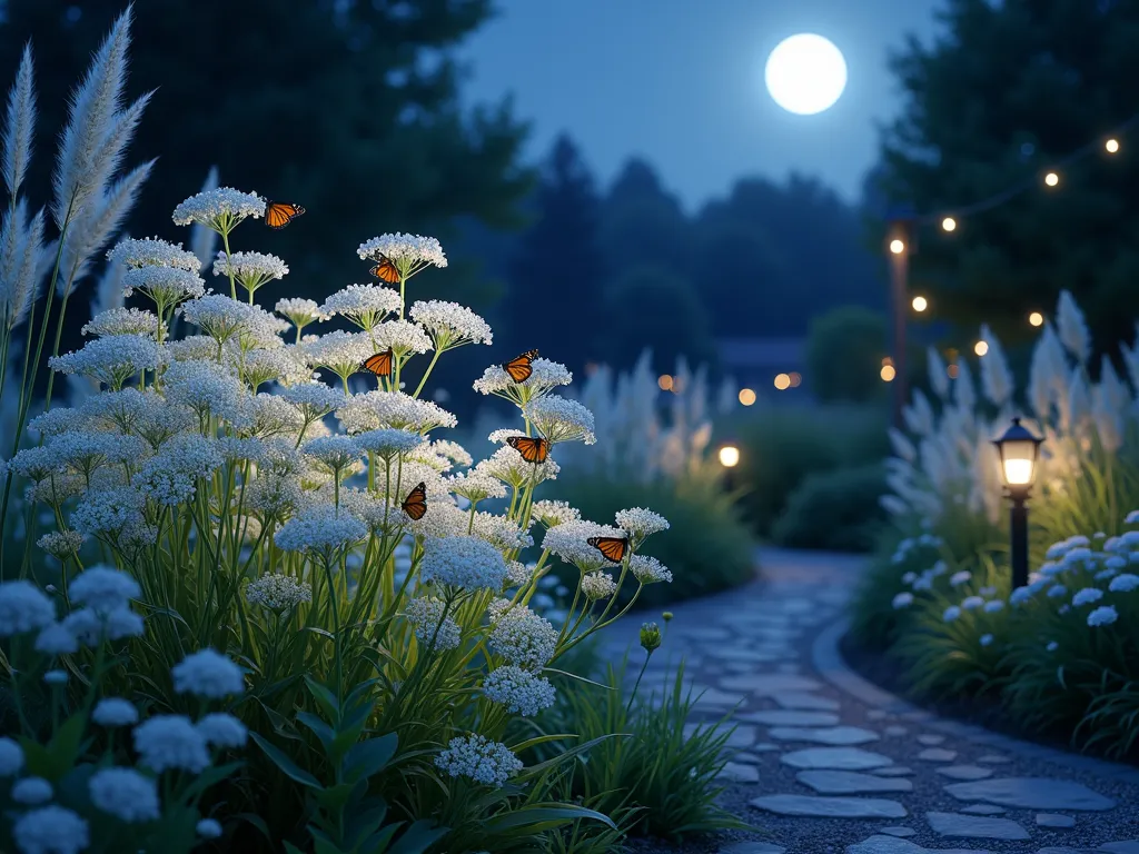 Ethereal Moonlit Milkweed Sanctuary - A dreamy nighttime garden scene featuring clusters of white-flowering milkweed plants glowing ethereally in moonlight, their silvery leaves shimmering. Gentle solar pathway lights illuminate meandering garden paths, while companion plants like white evening primrose, moonflowers, and white garden phlox create a luminous backdrop. Delicate string lights draped through nearby trees cast a soft, magical ambiance. The scene captures several monarch butterflies resting on the milkweed blooms, their wings catching the moonlight. Ornamental grasses sway gently in the background, their silver plumes adding movement and texture. The entire garden is photographed in the blue hour, with a full moon visible in the dark blue sky, creating an enchanting and mystical atmosphere, photorealistic style, high detail, magical lighting