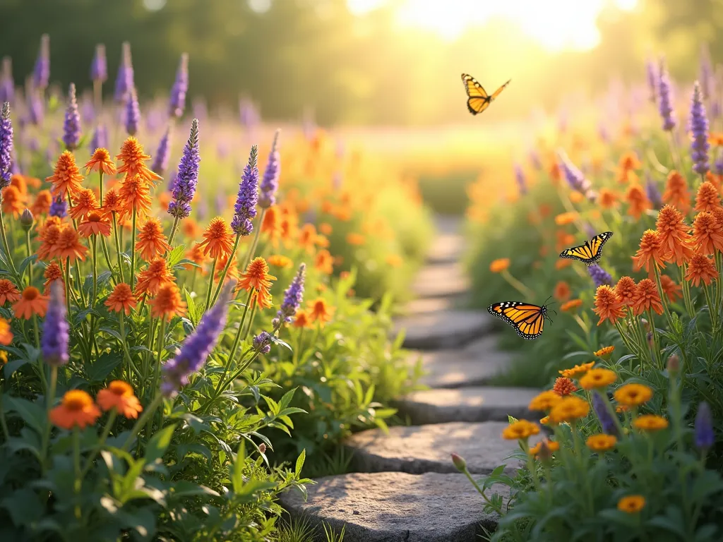 Native Prairie Milkweed Garden with Wildflowers - A stunning natural prairie garden in golden afternoon sunlight, featuring clusters of vibrant orange butterfly weed and tall common milkweed swaying among flowing waves of bluish-purple little bluestem grass. Bright yellow black-eyed susans dot the landscape, while monarch butterflies flutter between the flowers. The garden has a wild, untamed beauty with various heights creating a layered, meadow-like appearance. Natural stone pathways wind through the prairie garden, creating an immersive experience. Soft bokeh effect in background, photorealistic style, 4k, detailed botanical illustration quality.