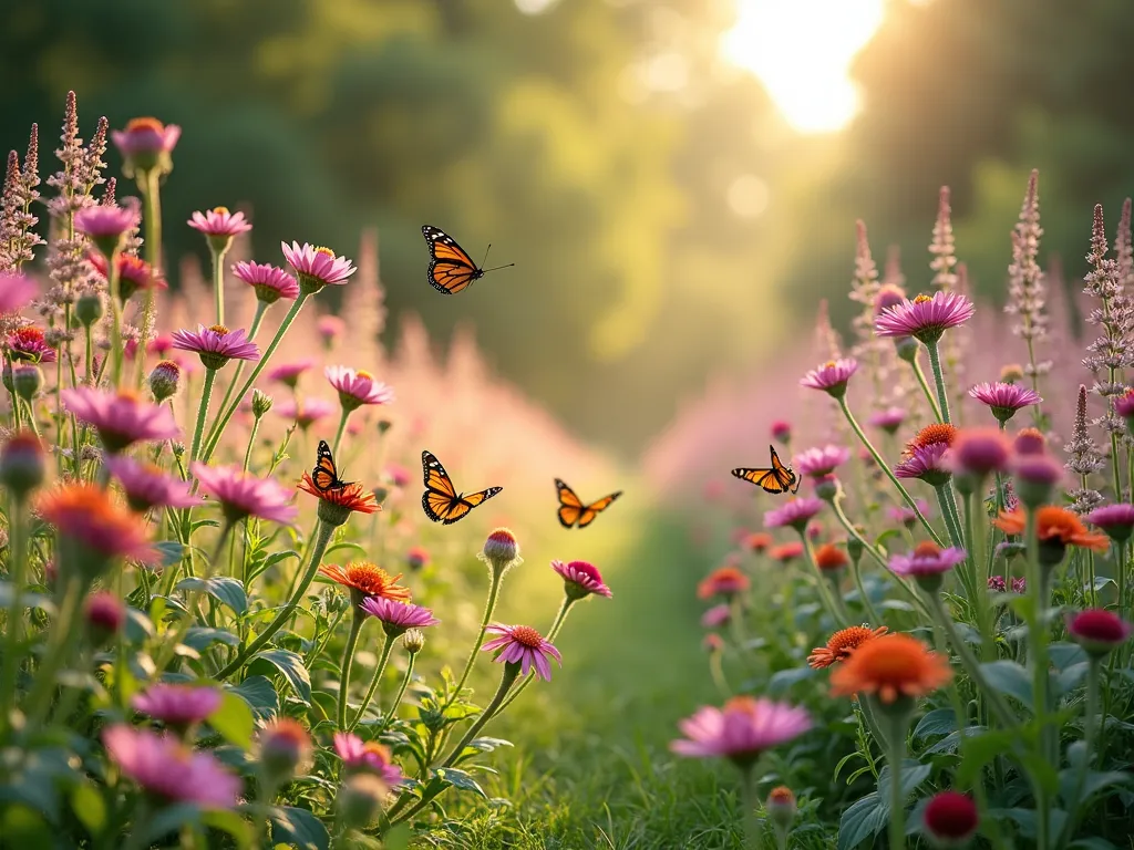 Natural Meadow-Style Milkweed Drift Garden - A dreamy, late-afternoon garden scene featuring graceful drifts of common milkweed and butterfly weed in full bloom, arranged in natural, wave-like patterns. Pink and orange flowers mix with ethereal seed pods, interspersed with flowing ornamental grasses like feather reed grass and little bluestem. Monarch butterflies flutter between clusters of 5-7 milkweed plants. Soft, golden sunlight filters through the scene, creating a magical, meadow-like atmosphere. Photographic style, high resolution, with shallow depth of field.