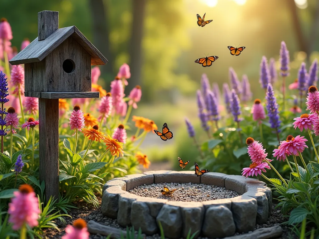 Vibrant Pollinator Paradise Garden - A sun-drenched garden sanctuary featuring clusters of pink and orange milkweed plants surrounded by purple coneflowers, black-eyed susans, and lavender. Multiple monarch butterflies hover above the flowers while bees visit blooms. A rustic wooden bee house mounted on a weathered post stands nearby, decorated with dried hollow stems. A shallow stone basin creates a butterfly puddling area with small pebbles and minerals, surrounded by native grasses. Natural log sections and branches provide additional insect habitat. Photographed in golden afternoon light with a dreamy bokeh effect, professional nature photography style.