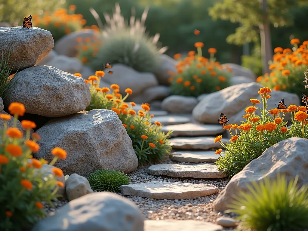 Rustic Rock Garden with Butterfly Weed - A stunning rock garden featuring natural limestone boulders and weathered granite stones arranged in an artistic cascade, with vibrant orange butterfly weed (Asclepias tuberosa) growing naturally between the rocks. Soft morning sunlight illuminates the scene, casting gentle shadows across the rocks while monarch butterflies hover around the milkweed blooms. Small pockets of drought-resistant sedums and ornamental grasses complement the arrangement, creating a naturalistic desert garden aesthetic. Photorealistic, soft bokeh background, high-detail garden photography style.